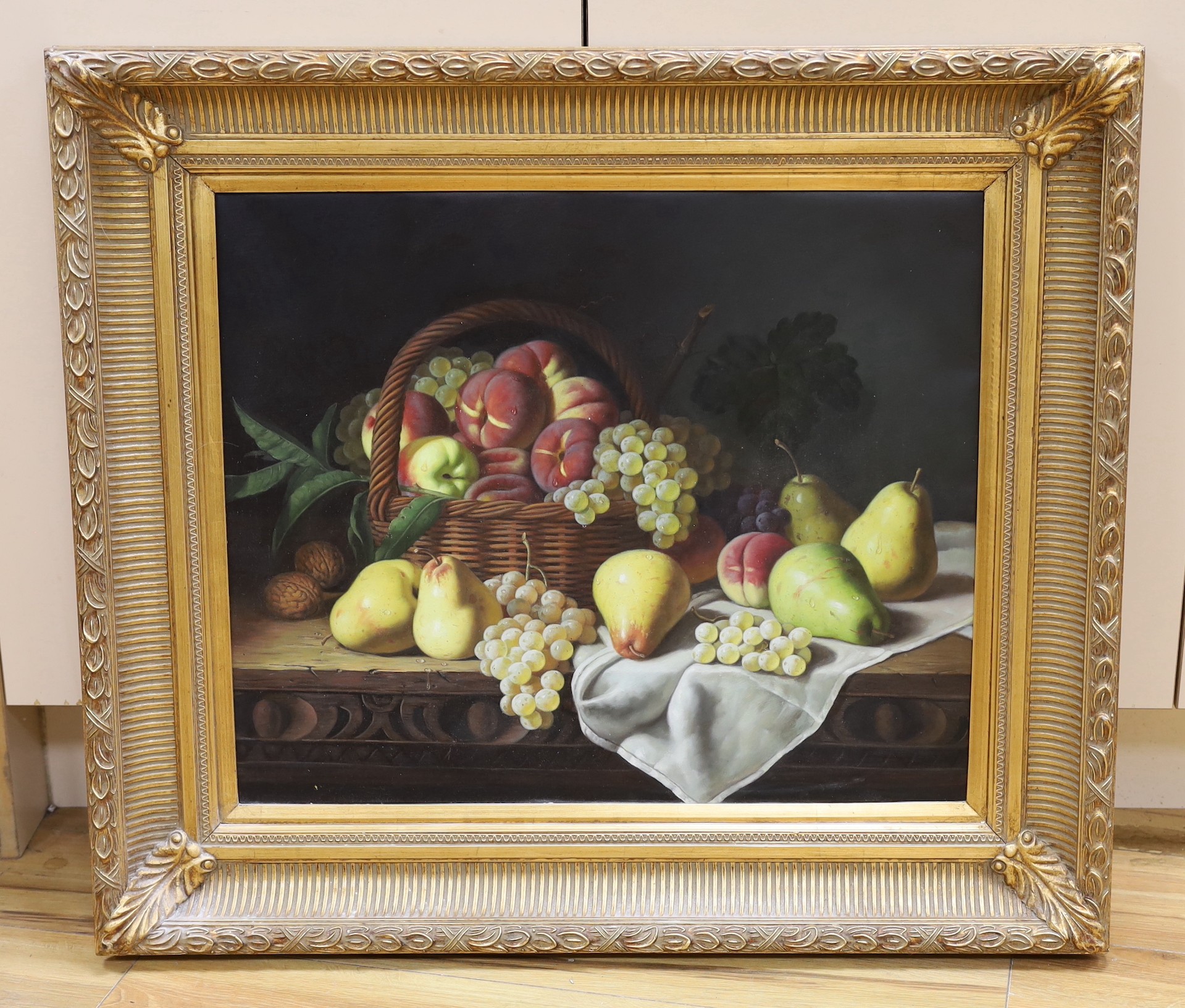 A modern oil on canvas, Still life of fruit upon a table top, 50 x 60cm